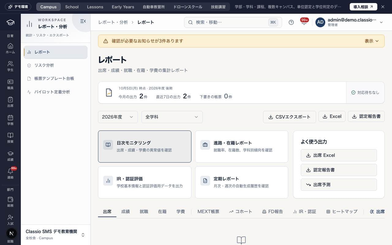 「レポート」の画面（デモデータ）